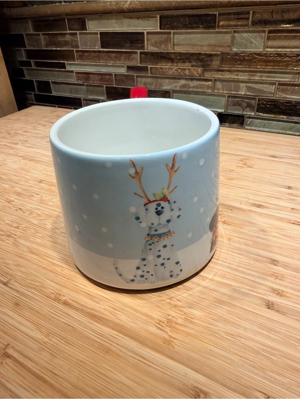 Pier 1 Light Blue Holiday Dog and Snow Mug with Red Handle